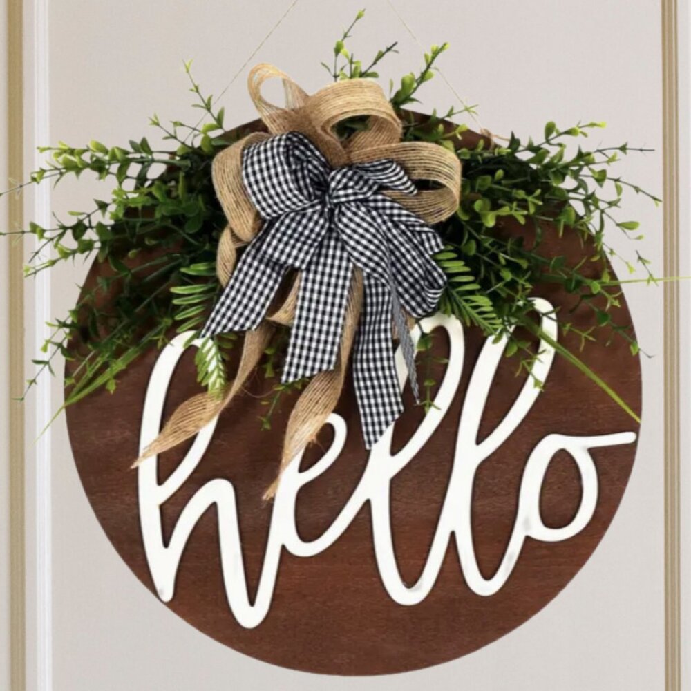 Hello Rustic Farmhouse Welcome Sign Buffalo Check Bow Wood Handmade Wreath Gift
